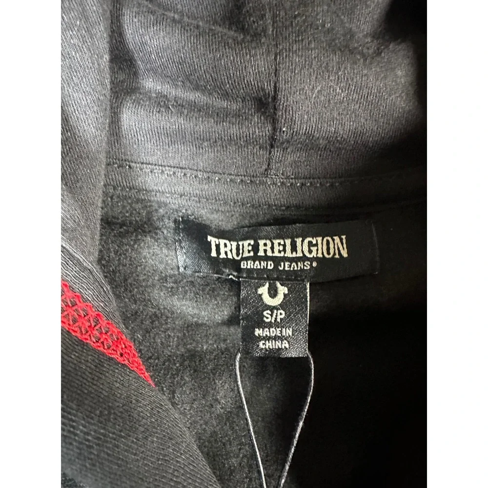True Religion Mens TNL Puff Buddha Zip Hoodie Jet Black Red Stitch 701039 S